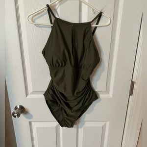 Ellen Tracy High Neck Keyhole One Piece SwimSuit Size 12 Green